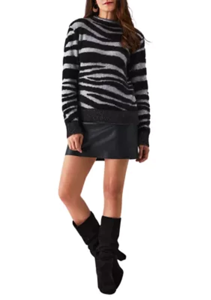 Petite Zebra Print Faux Hair Mock Neck Long Sleeve Sweater