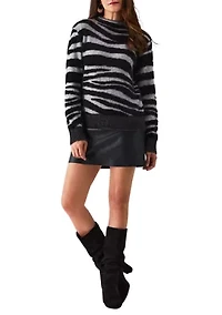 Petite Zebra Print Faux Hair Mock Neck Long Sleeve Sweater