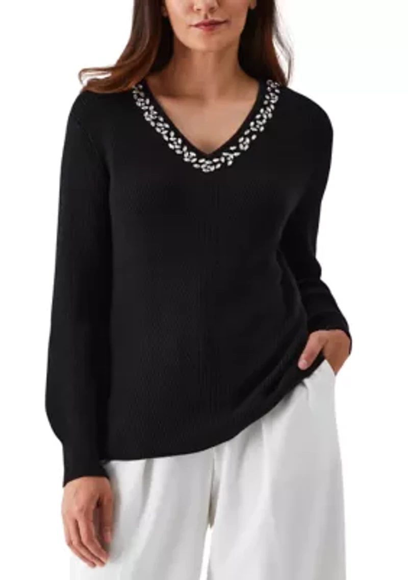 Petite Embellished V-Neck Long Sleeve Sweater
