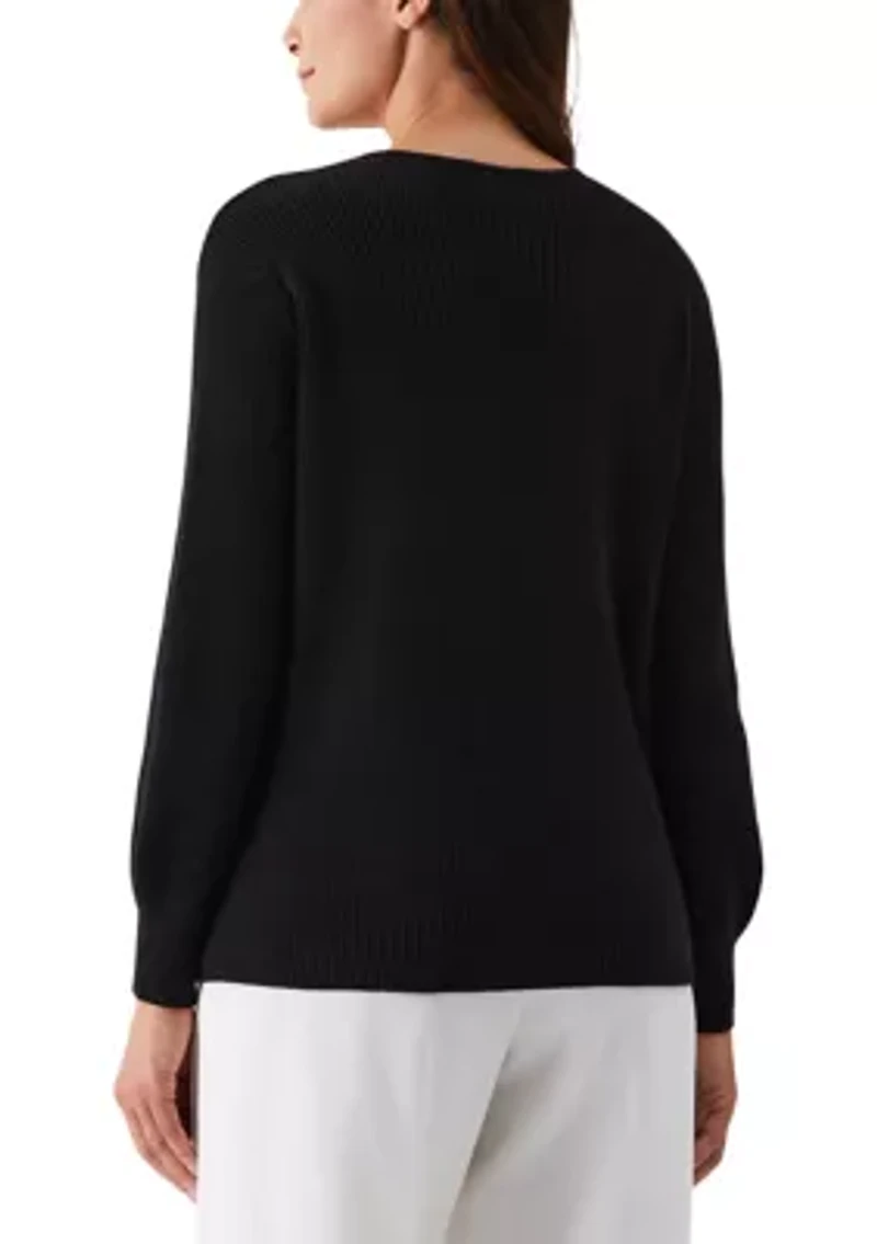 Petite Embellished V-Neck Long Sleeve Sweater