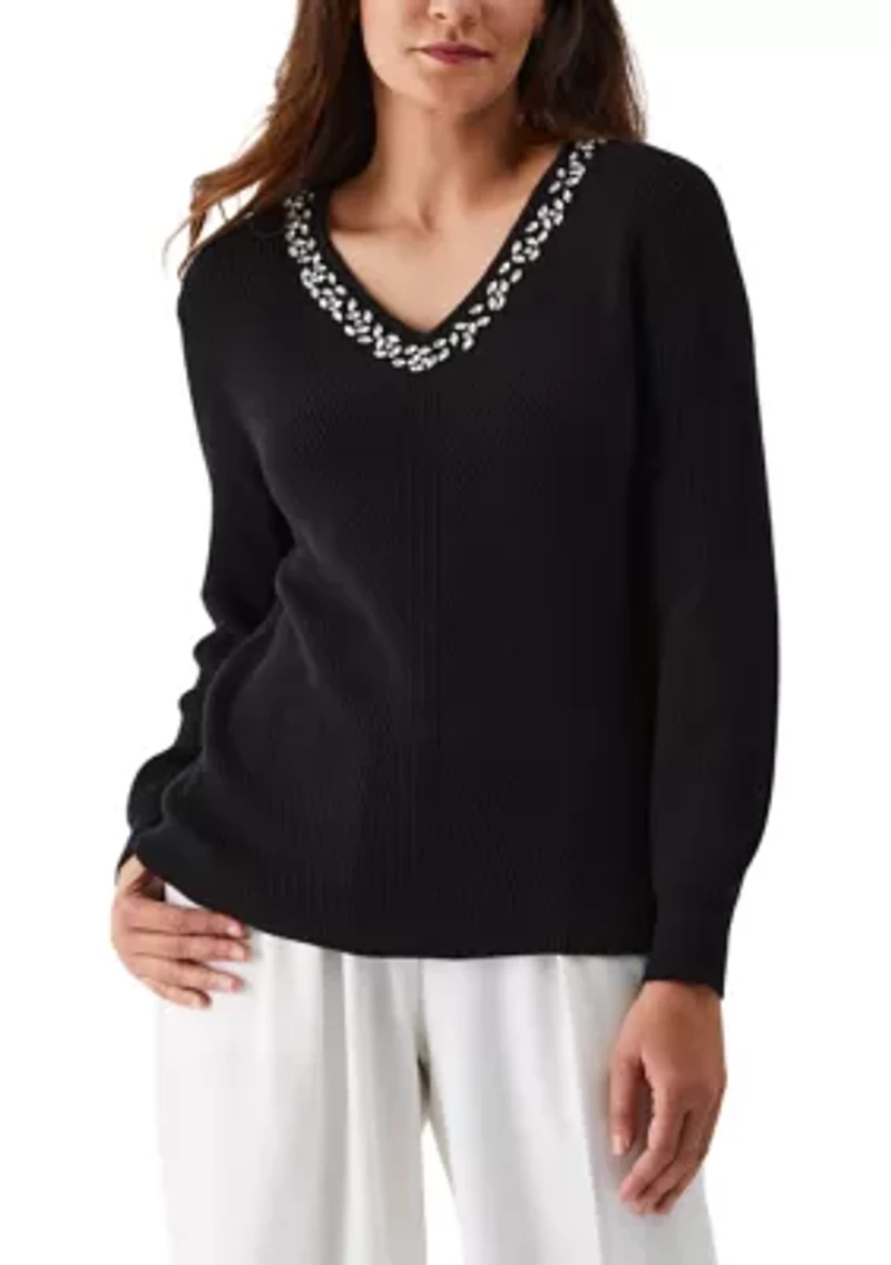 Petite Embellished V-Neck Long Sleeve Sweater