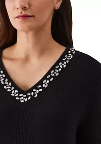 Petite Embellished V-Neck Long Sleeve Sweater