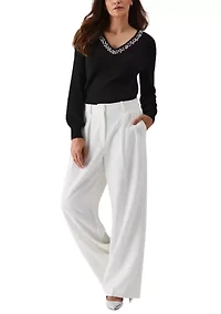 Petite Embellished V-Neck Long Sleeve Sweater