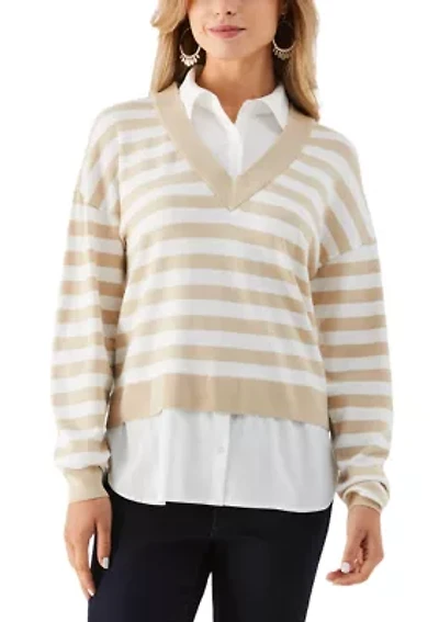 Petite Striped Layered Long Sleeve Sweater