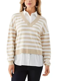 Petite Striped Layered Long Sleeve Sweater