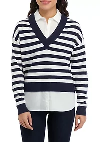 Petite Striped Layered Long Sleeve Sweater