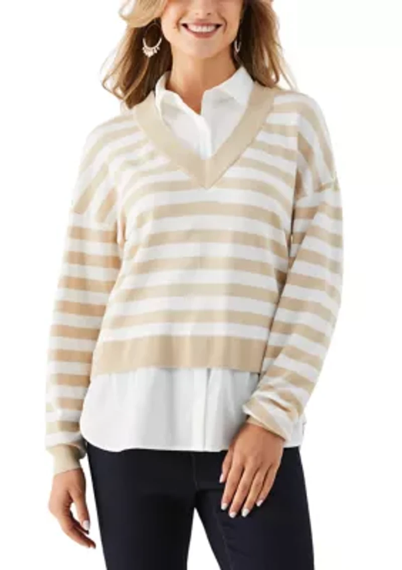 Petite Striped Layered Long Sleeve Sweater