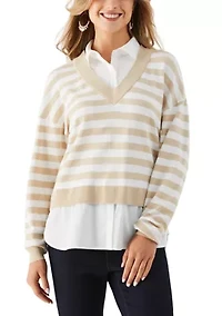 Petite Striped Layered Long Sleeve Sweater