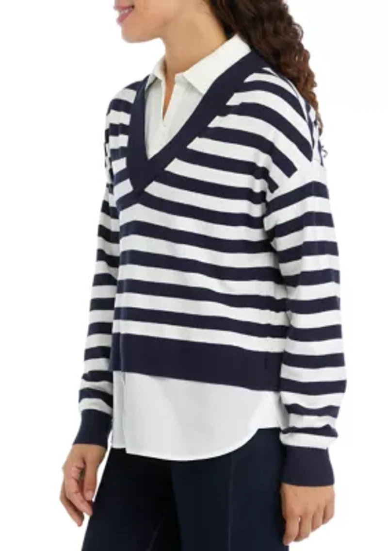 Petite Striped Layered Long Sleeve Sweater