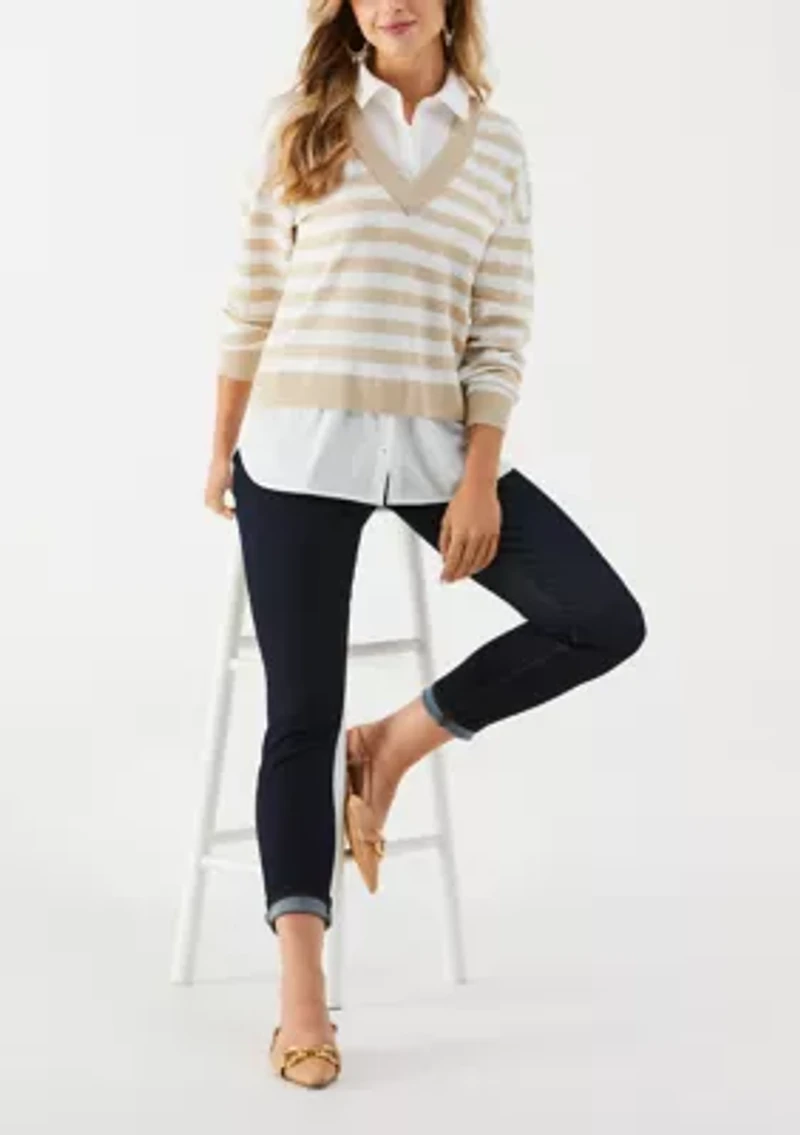 Petite Striped Layered Long Sleeve Sweater