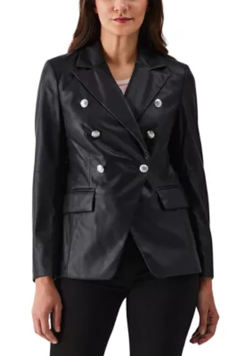 Petite Vegan Leather Double Breasted Blazer