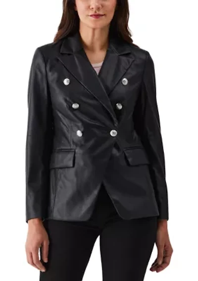 Petite Vegan Leather Double Breasted Blazer