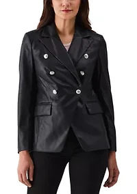 Petite Vegan Leather Double Breasted Blazer