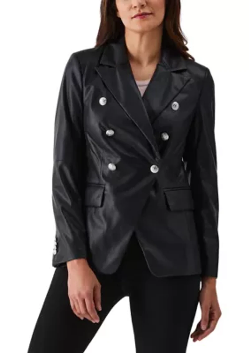 Petite Vegan Leather Double Breasted Blazer
