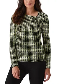 Petite Houndstooth Print Asymmetric Neck Long Sleeve Top