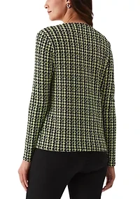 Petite Houndstooth Print Asymmetric Neck Long Sleeve Top