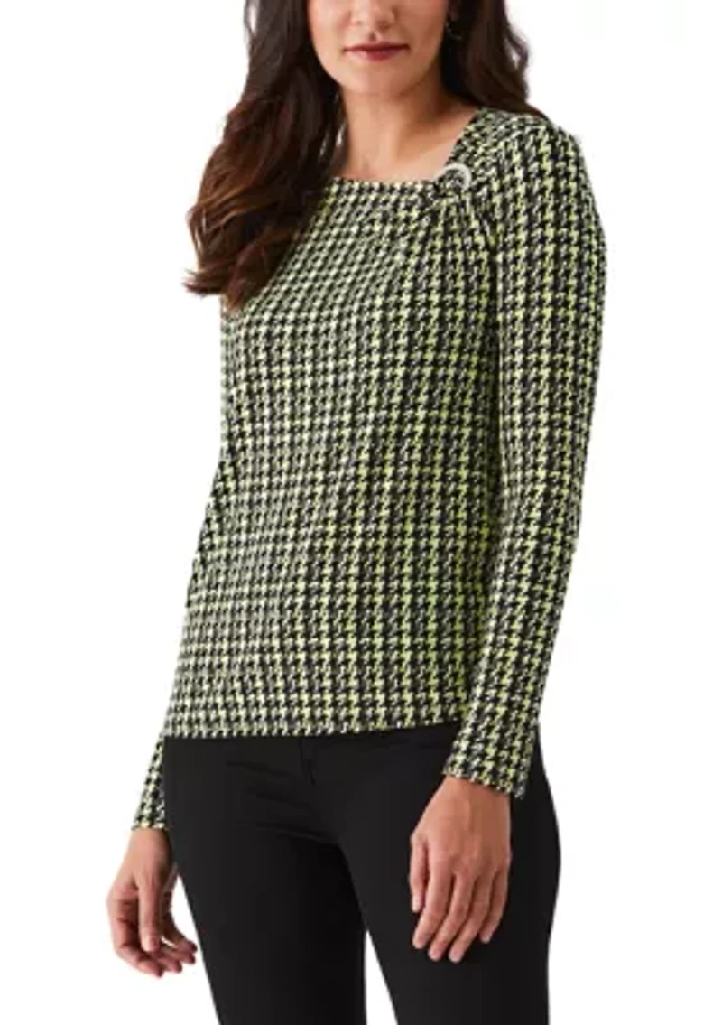 Petite Houndstooth Print Asymmetric Neck Long Sleeve Top