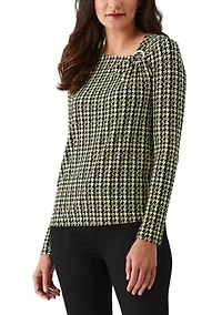 Petite Houndstooth Print Asymmetric Neck Long Sleeve Top