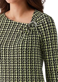 Petite Houndstooth Print Asymmetric Neck Long Sleeve Top