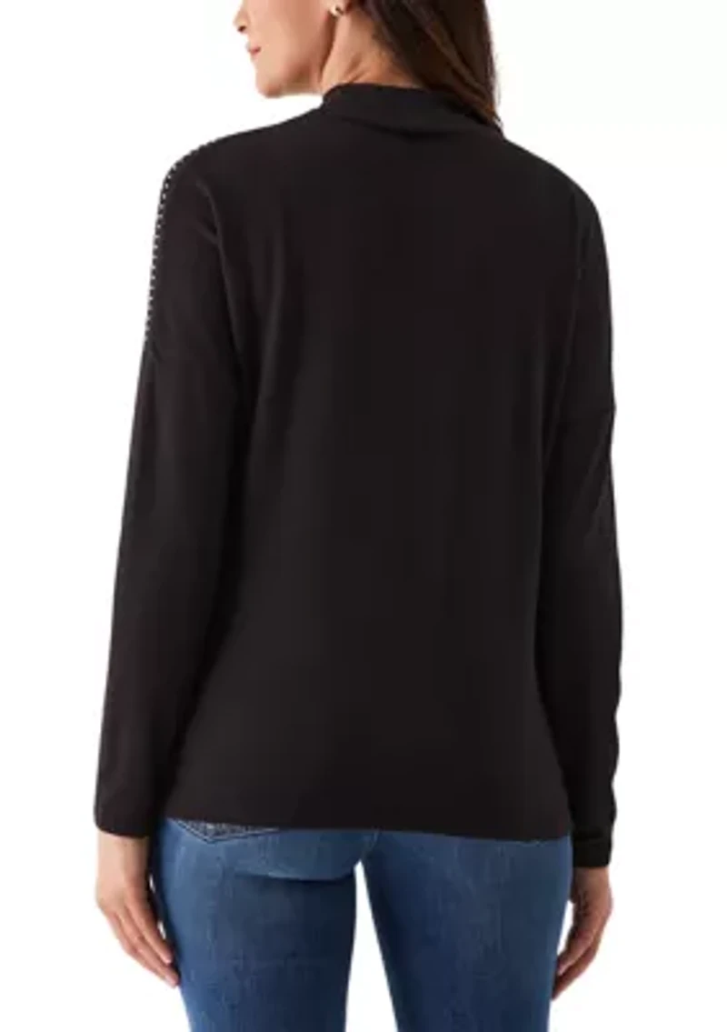 Petite Embellished Mock Neck Long Sleeve Top