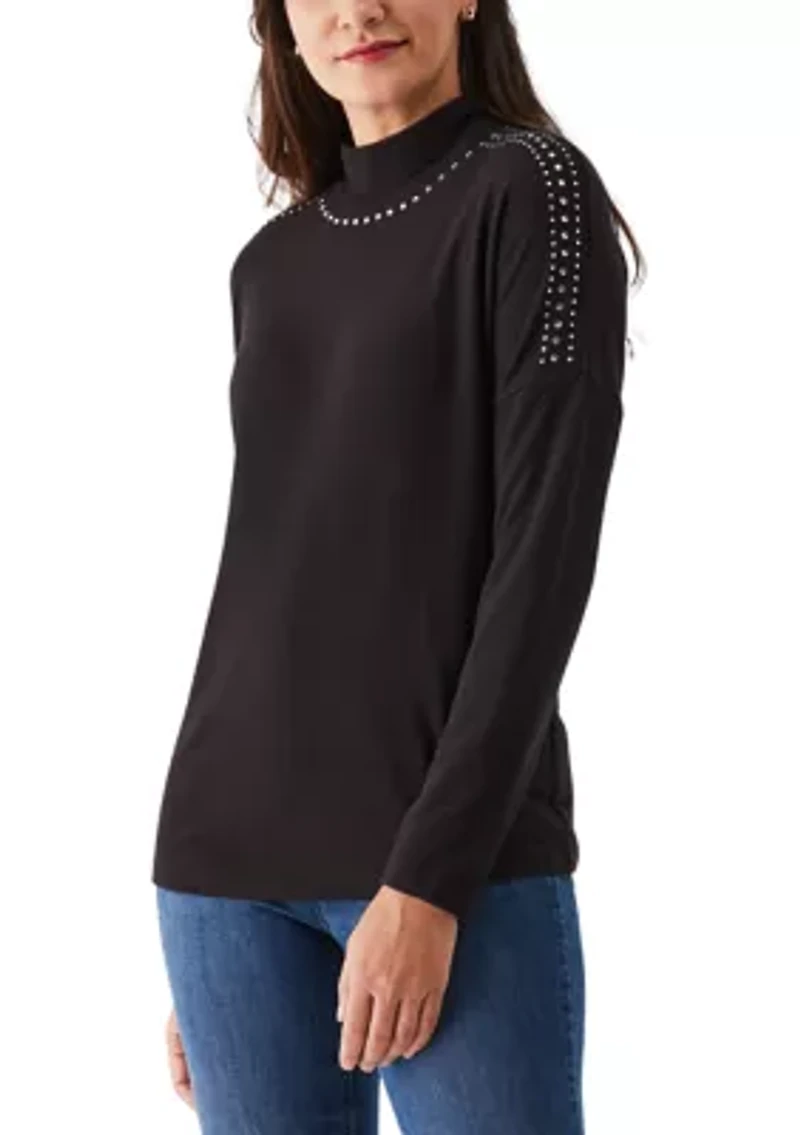 Petite Embellished Mock Neck Long Sleeve Top