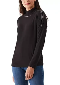 Petite Embellished Mock Neck Long Sleeve Top