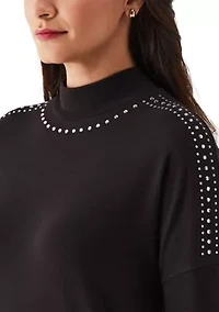 Petite Embellished Mock Neck Long Sleeve Top