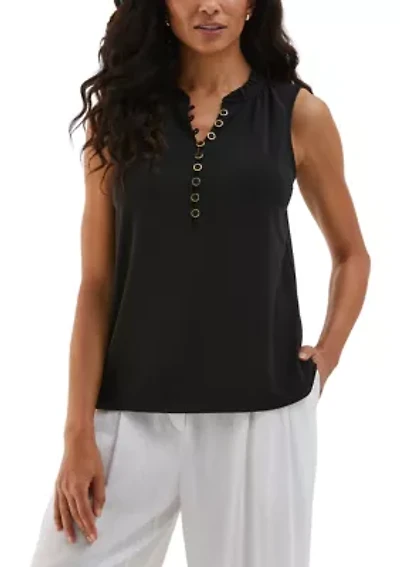 Petite Button Front Ruffle Sleeveless Tank Top