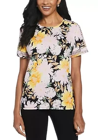 Petite Floral Print Dot Lace Trim Short Sleeve T-Shirt