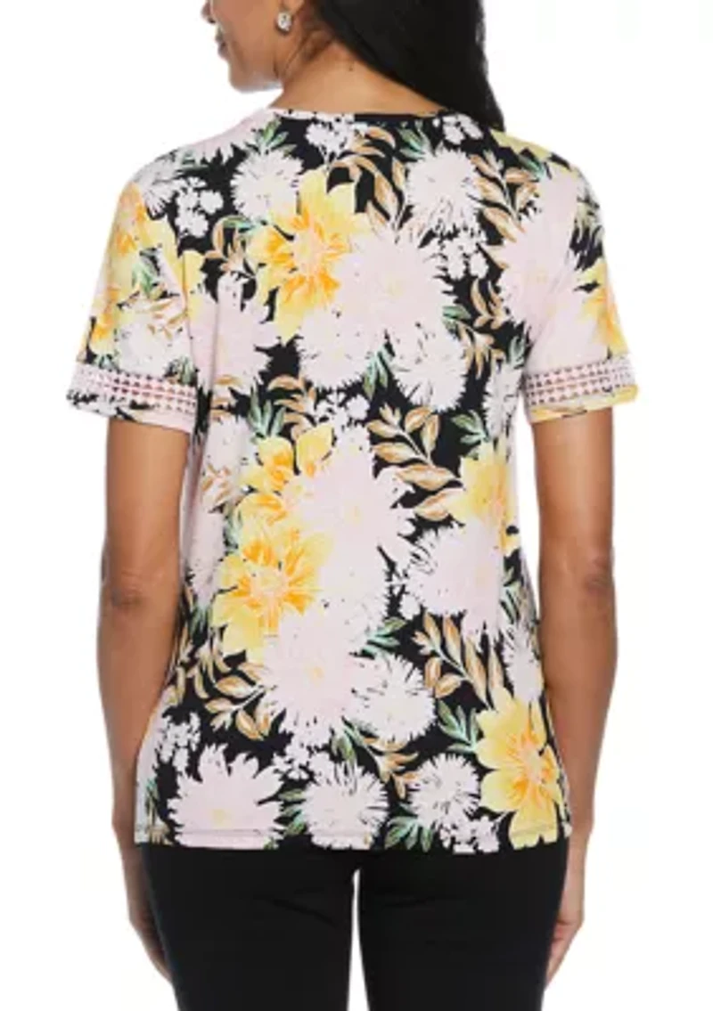 Petite Floral Print Dot Lace Trim Short Sleeve T-Shirt