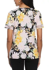 Petite Floral Print Dot Lace Trim Short Sleeve T-Shirt