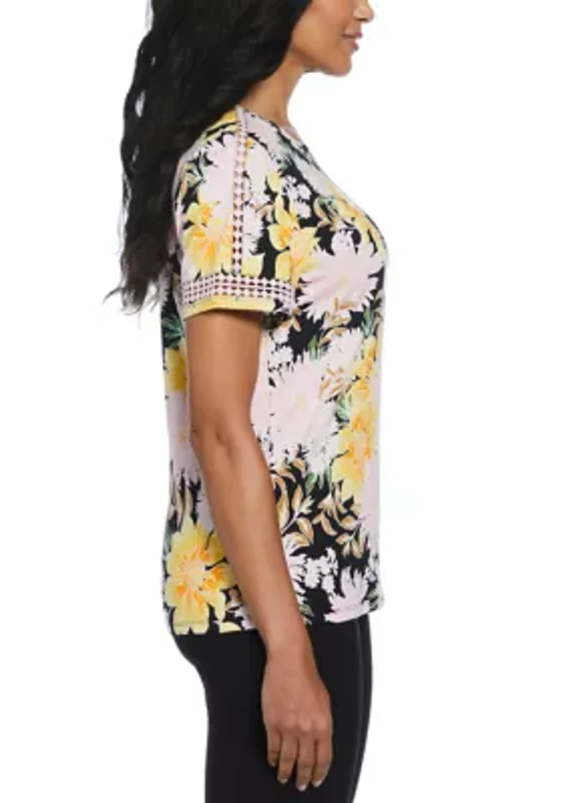 Petite Floral Print Dot Lace Trim Short Sleeve T-Shirt