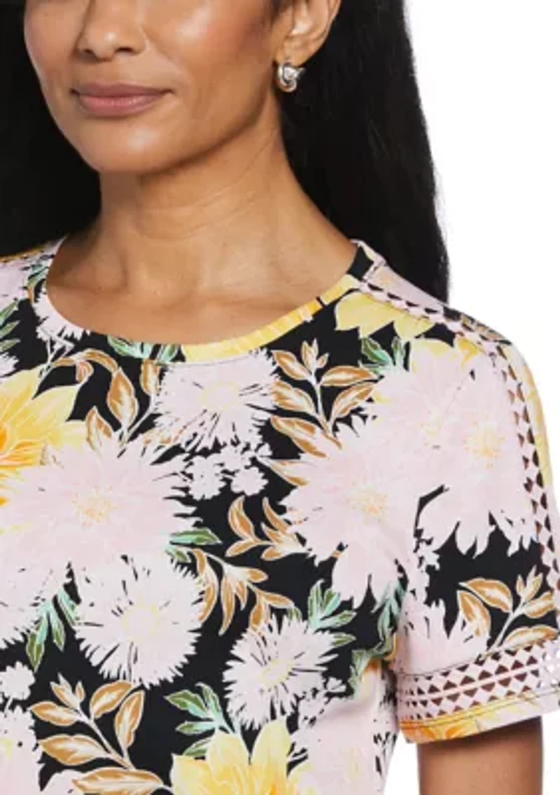 Petite Floral Print Dot Lace Trim Short Sleeve T-Shirt