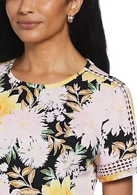 Petite Floral Print Dot Lace Trim Short Sleeve T-Shirt