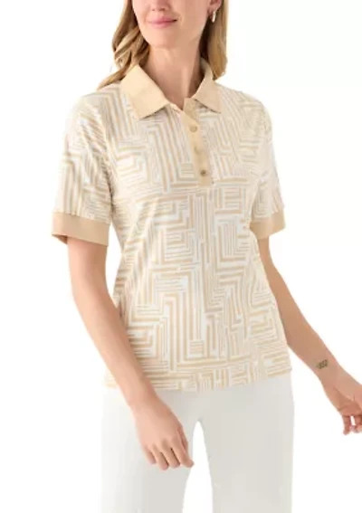 Petite Graphic Print Buttoned Elbow Length Sleeve Polo Shirt