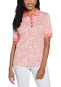 Petite Graphic Print Buttoned Elbow Length Sleeve Polo Shirt