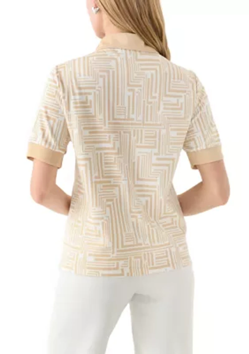 Petite Graphic Print Buttoned Elbow Length Sleeve Polo Shirt