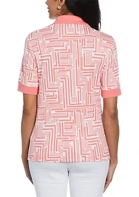 Petite Graphic Print Buttoned Elbow Length Sleeve Polo Shirt