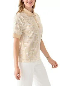 Petite Graphic Print Buttoned Elbow Length Sleeve Polo Shirt