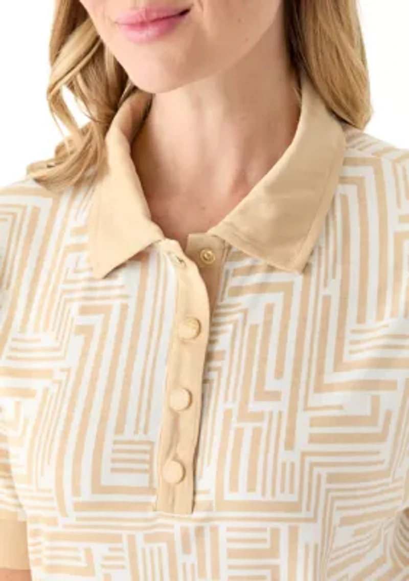 Petite Graphic Print Buttoned Elbow Length Sleeve Polo Shirt