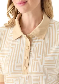 Petite Graphic Print Buttoned Elbow Length Sleeve Polo Shirt