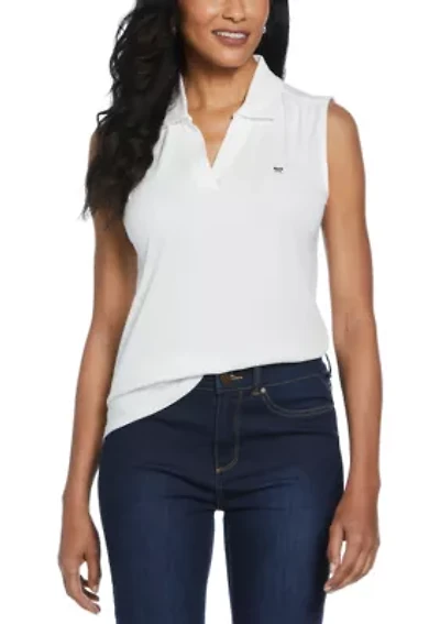 Petite Ribbed V-Neck Sleeveless Polo Shirt