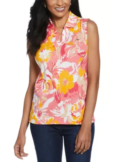 Petite Floral Print Ribbed Sleeveless Polo Shirt