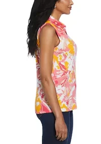 Petite Floral Print Ribbed Sleeveless Polo Shirt