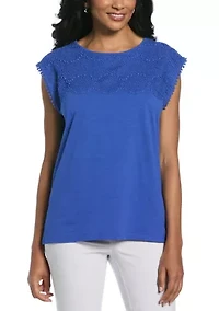 Petite Circular Lace Yoke Sleeveless Top