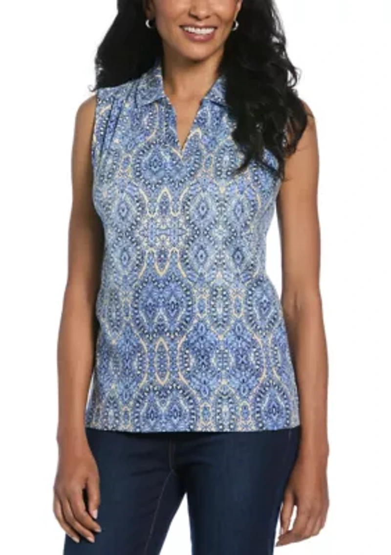 Petite Scroll Printed V-Neck Sleeveless Polo Shirt