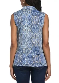 Petite Scroll Printed V-Neck Sleeveless Polo Shirt