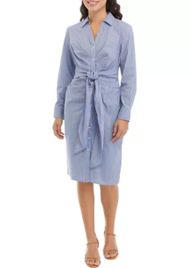 Petite Striped Tied Long Sleeve Shirtdress