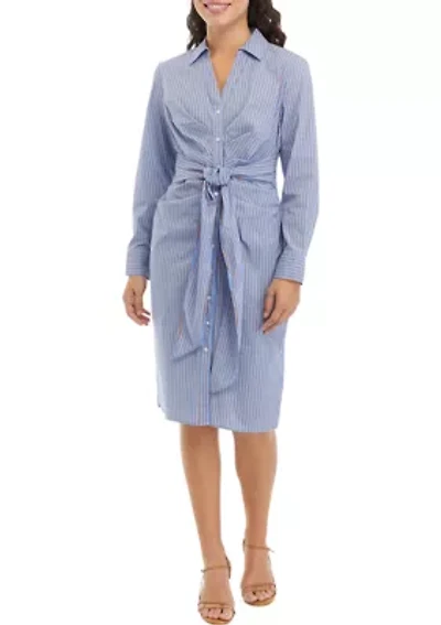Petite Striped Tied Long Sleeve Shirtdress