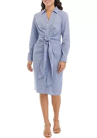 Petite Striped Tied Long Sleeve Shirtdress